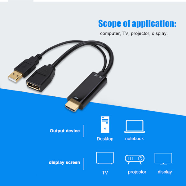 4K 10MB/S multifunksjons HD-skjerm HDMI til DP-konverteradapterkabel