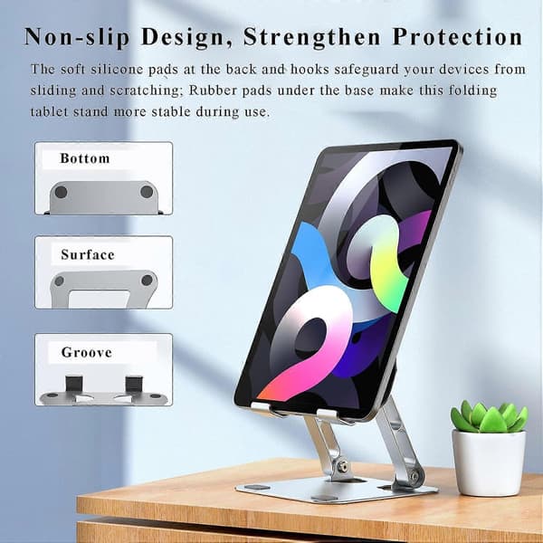 Tablet Holder Aluminum, Dual Rod Support Adjustable Foldable Tablet Stand Holder for Desk Compatible with Mobile Phone or Tablet