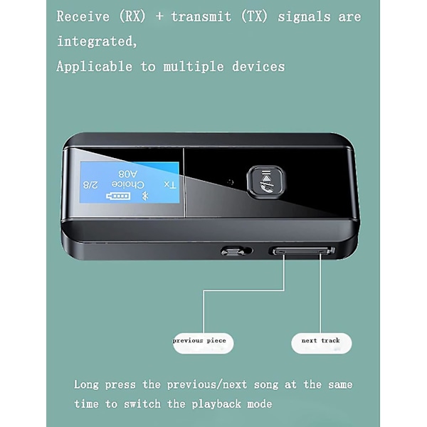 Bluetooth 5.0 Sändare Mottagare Trådlös Bluetooth-adapter 2-i-1, LED-display Aux