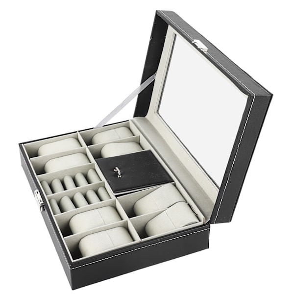 Kellon watch 8 paikka watch case, 2 lokero rengas Lukittava PU-nahkainen watch säilytyslaatikko, jossa lasikansi