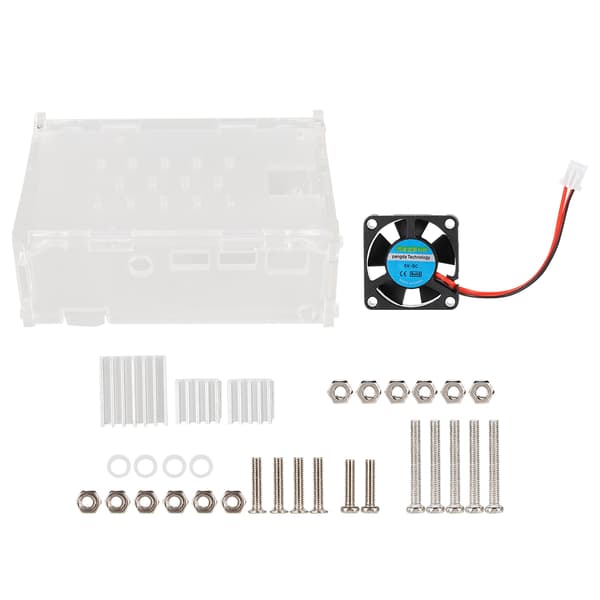 Akrylhus med 5V køleventilator, 3 køleplader, kamerabeslag monteringshul til Raspberry Pi 4B