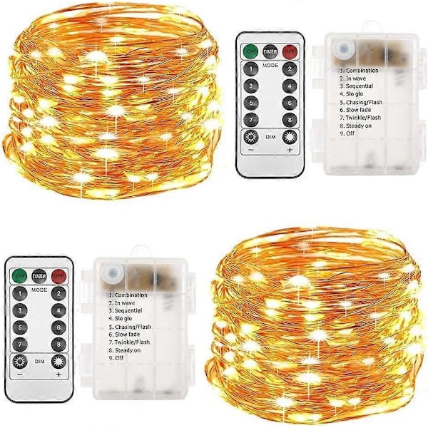 2 Set Jul Ljusslingor Batteridrivna, 10m 100 LED Slingor Fjärrkontroll Timer Blinkande Ljusslingor 8 Lägen Eldflugsljus för Trädgård