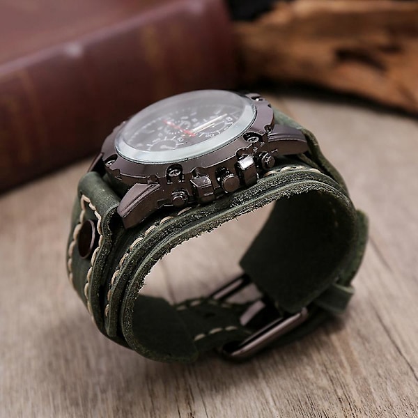 Unisex Punk Retro Bronze Rund Urskive grøn Bred Læder Bælte Rem Manchet Armbånd Romertal Analog Quartz Armbåndsure