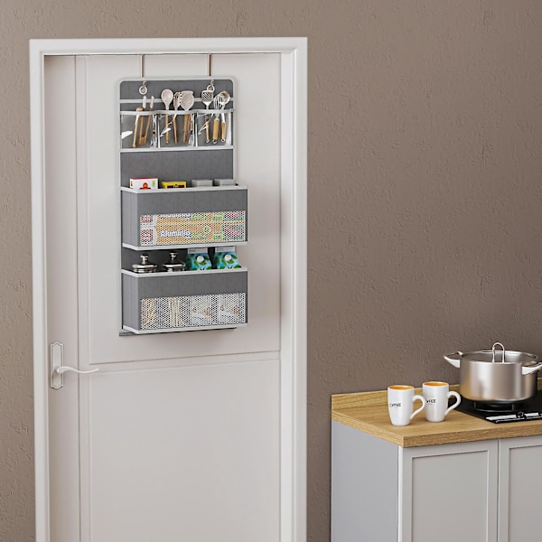 Dørhængende Organizer med 5 Store Lommer med Vindue og 2 PVC Lommer, Multifunktionel, til Dør, Badeværelse, Soveværelse, Stue (Grå)