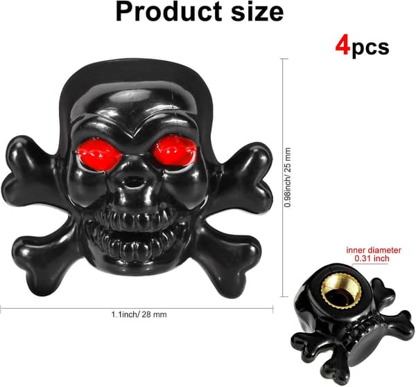 Set of 4 Universal Skull Pattern Tire Valve Caps with Rust-Resistant Copper Core, Black.