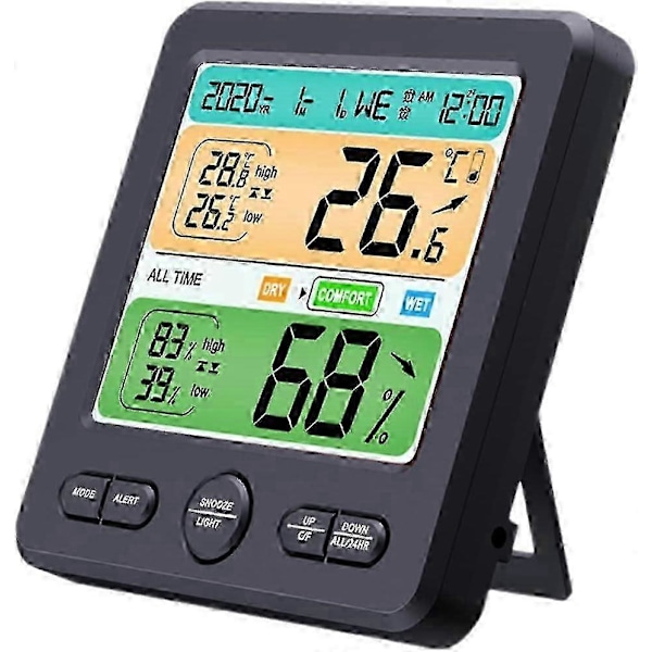 Hygrometer klocka termometer för hemmet digital klocka inomhus luftfuktighetsmätare fuktmätare hydrometer humidistat bordsmodell temperaturövervakare inomhustemp