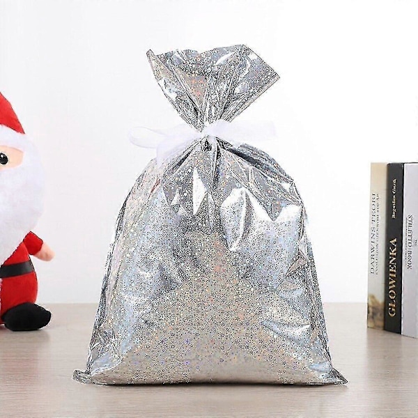 10x Julklappssäckar Återanvändbara Stora Julklappspåsar Dragsko Omslag Presentpåse Silver29*43cm