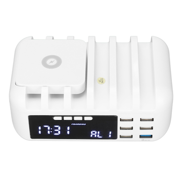 Multifunktionell 5-portars laddare trådlös USB snabbladdning skrivbord digital klocka mobiltelefonladdare 110‑240VUS-kontakt