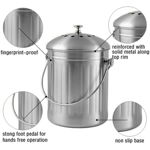Lugtfri kompostspand i rustfrit stål til køkken - Køkkenkompostbeholder - Inkluderer udskiftelige kulfiltre (Blankt rustfrit stål, 5 liter)