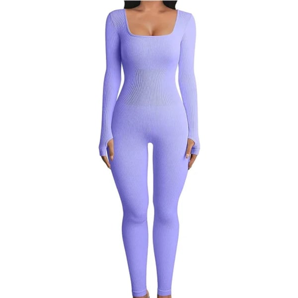 Yoga Fitness Bodysuit med Gevind Firkantet Hals Lilla XL purple XL