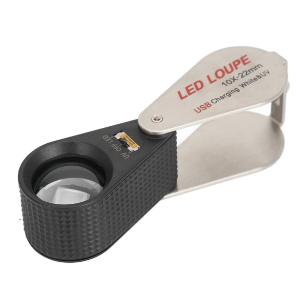 10X Juveler Loupe Genopladelig Foldbar Smykke Lomme Forstørrelsesglas med 6 LED Lys og 7 UV Lampe