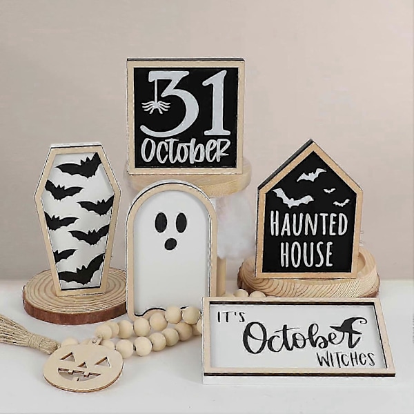 6 kpl Halloween-koristeita, aave, lepakko, kurpitsa, porrastettu tarjotin sisustus, puinen pöytäkoriste kotiin, hyllylle, Halloween-sisustus -CHN