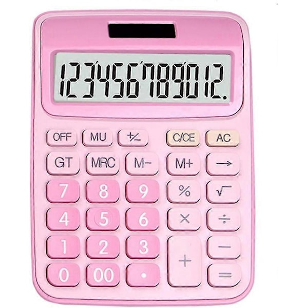 Lommeregner, 12-cifret grundlæggende bordlommeregner, solcelledrevet med batteri, dobbelt strømforsyning med stort LCD-display og store knapper, kontorlommeregner (pink)