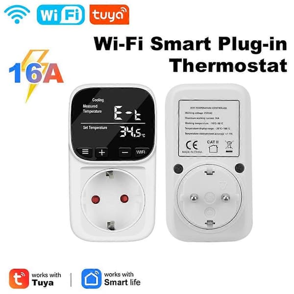 Smart WiFi Digital Termostatstik Tuya App Fjerntermostat med Timer Sensor Probe Varme Køling Afbryder EU-stik Vit