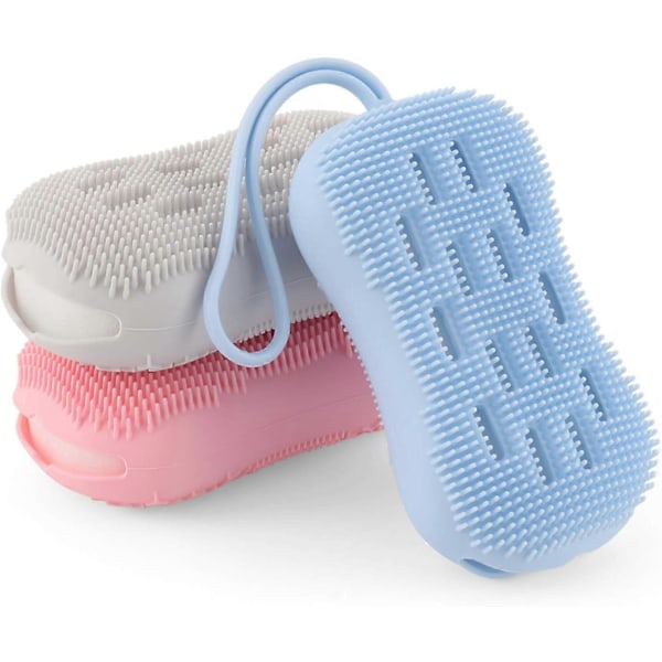3-pack Dubbelsidig Silikon Kroppsskrubb Badborste för Djuprengöring, Exfoliering, Supermjuk Si