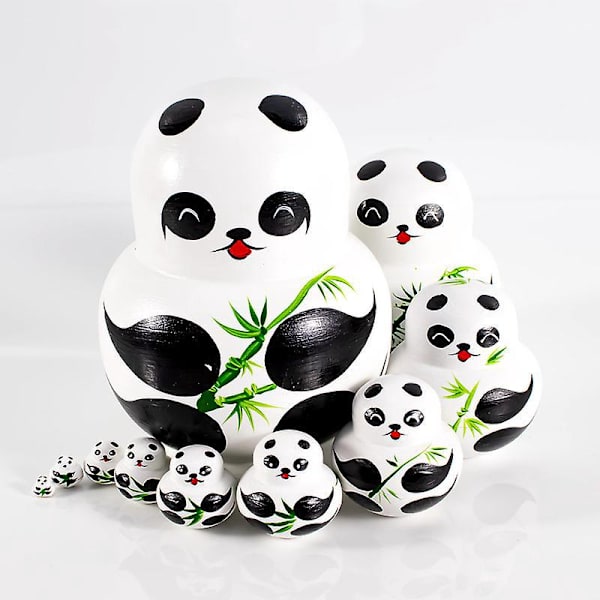 Håndlaget 10-delers Panda Nesting Dolls Set - Matryoshka Russian Doll Series