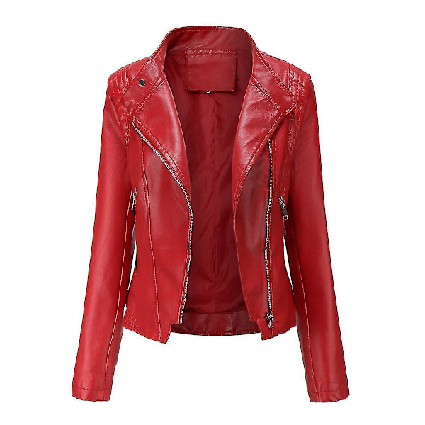 Stylish Women's Slim Faux Leather Biker Zip Jacket M Red