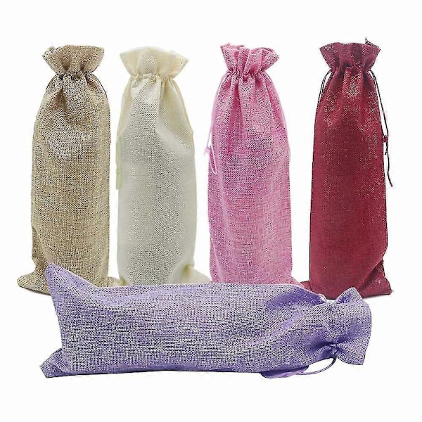 10 st Jute Vinpåsar, 35,5 x 16 cm Hessian Vinflaskpresentpåsar med Dragsko 5 Färger