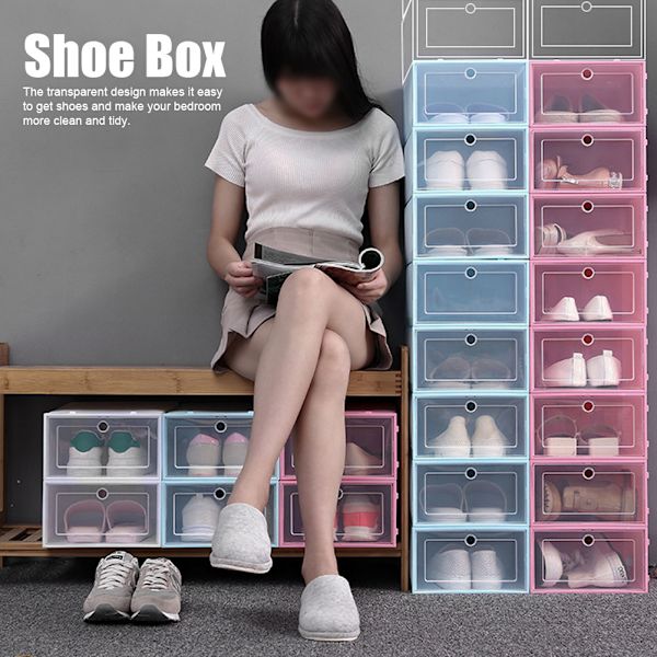 Hushåll Tjock Transparent Stapelbar Skobox Dammtät Skor Förvaringslåda Organizer Väska Blå 33x23x13cm