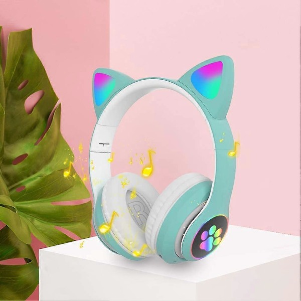 Kissan korvilla varustetut pelikuulokkeet, langattomat nappikuulokkeet LED-stereo kuulokkeet, FM-radio, TF-kortti, MP3-pisteliitäntä Bluetooth-kuulokkeet mikrofonilla (vihreä)