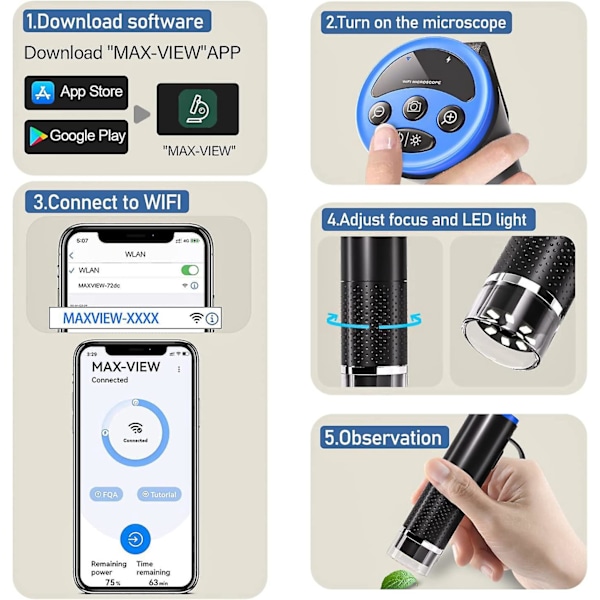 Wifi USB Bärbar Fickmikroskop, 50x-1000x Förstoring, 8 Justerbara LED, Kompatibel med iPhone