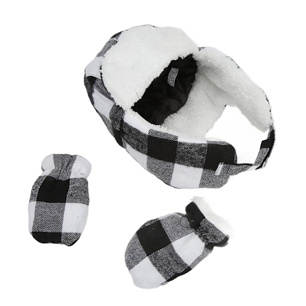 Baby Hat Gloves Set Infant Toddler Stylish Black White Plaid Winter Soft Plush Warm Keeping Hat Mitten