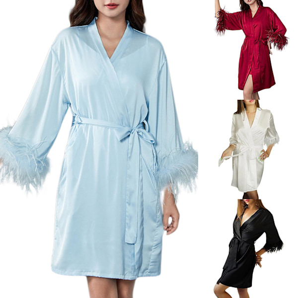 Ice Silk Nattlinne Dam Enkel Stil Morgonrock Sexig Satin Sidenliknande Dam Badrock Kofta Pyjamas, , M