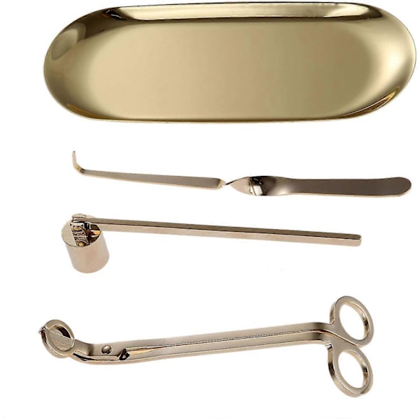 Ljus sax, ljusveke trimmer, ljusbricka och ljusveke krok ljus tillbehör set (Guld - 4 delar)