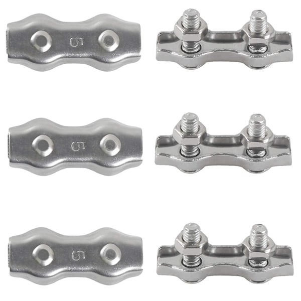 6 st 304 rostfritt stål duplex linjeklämmor för vajer, klädlinor, solsegel och uteplats upphängning - M5 duplex buntband