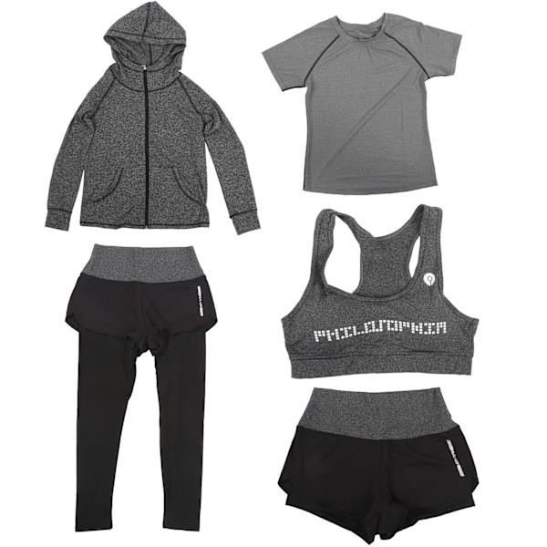 5-delad yogasett för kvinnor, sportkläder, gymjacka, långärmad topp, leggings, shorts, yogadräkt, mörkgrå, XXL