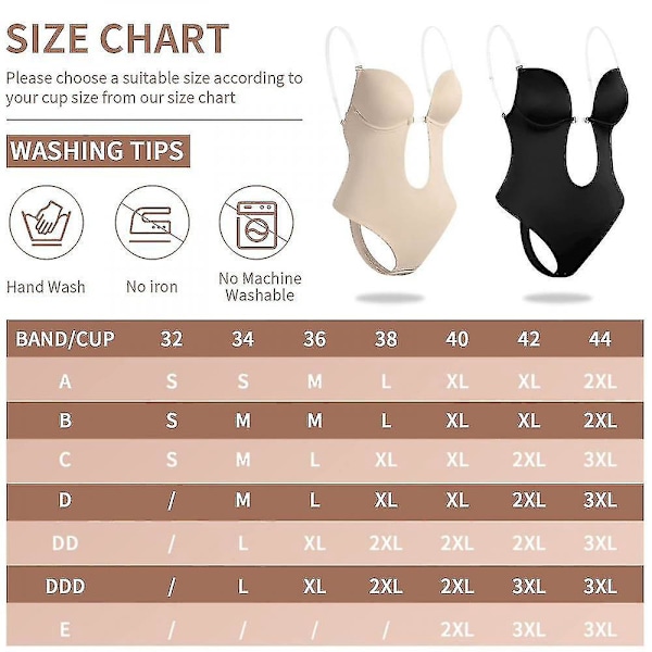 Dyb V-udskæring, stropløs, backless bodysuit shapewear til kvinder - Sort