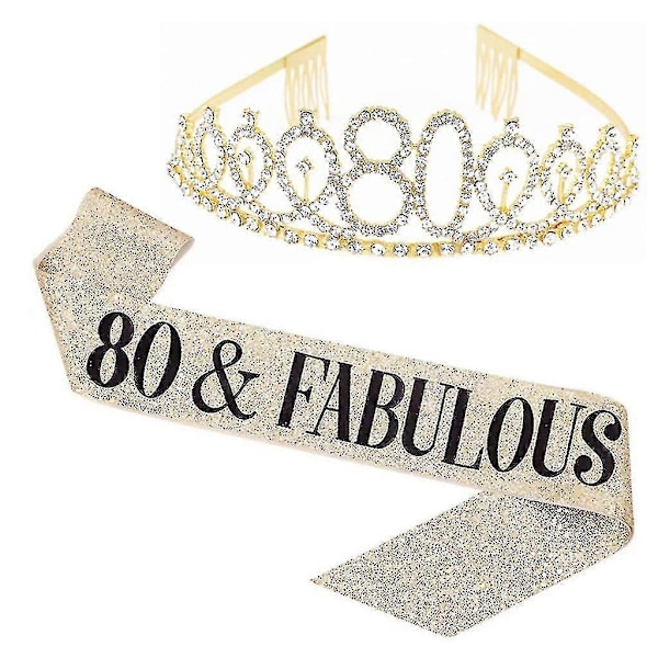 Kvinder Glitter Rhinestone Bogstav Print Skærf Tiara Sæt Fødselsdagsfestartikler Zekai Gylden 80 År