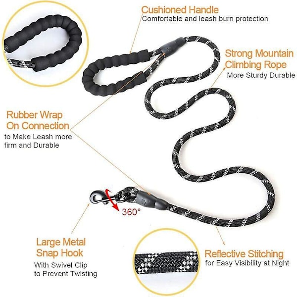 Högkvalitativ Justerbar Hundkoppel i Nylon Svart Reflex 150cm för Stora eller Mellanstora Hundar Lämplig för Jogging (Svart)