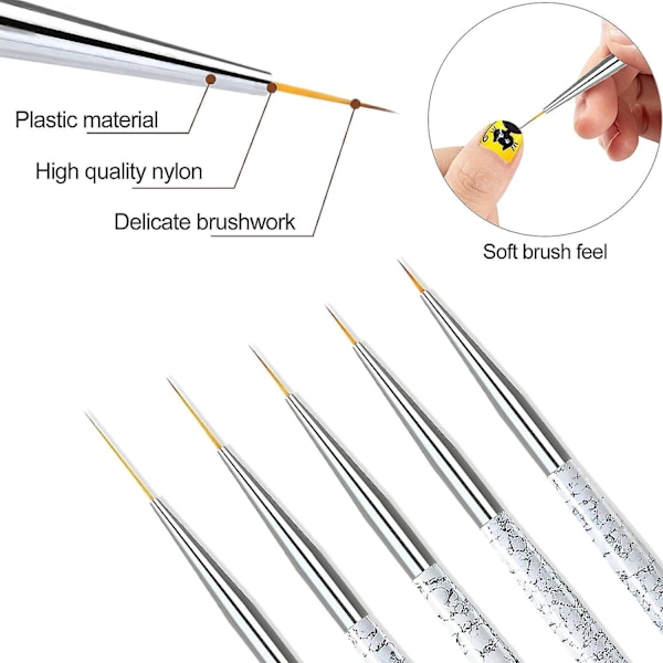 Nagelborste Set - Vit, 5 st, 8/9/10/15/21mm - Gelnagelborste för Nagelkonst Detaljer