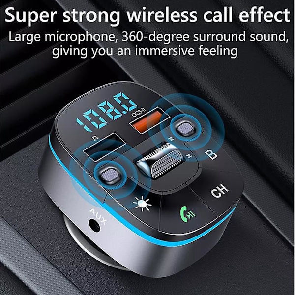 Bluetooth FM-lähetin autoon, kaksi USB-latausliitäntää, MP3-soitin, TF-kortti, USB-asema, handsfree-puhelut, 7 väriä