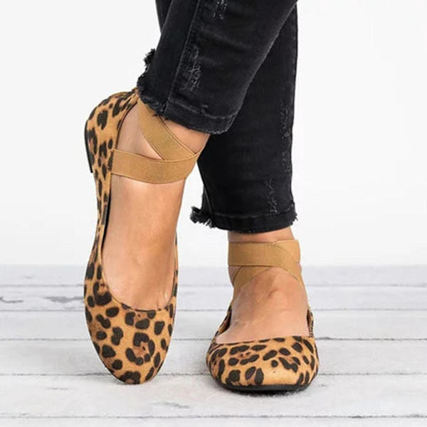 Leopard-kuvioiset nilkkaremmit balettitossut sandaalit matalakantaiset vetoketjulliset kengät naisille
