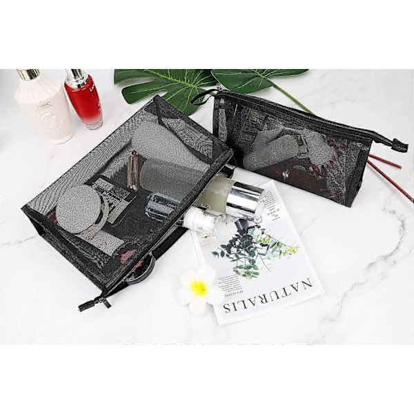 Rejse Toilet Taske Kosmetik Taske med Lynlås Mesh Makeup Ting Organizer Tasker til Mænd og Kvinder Sport, Svømning, Camping (2 Størrelser Sort)