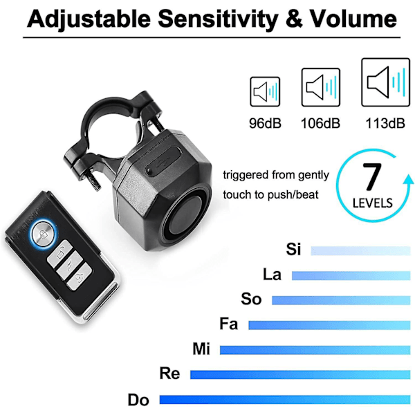 Trådløs sykkelalarm - USB-oppladbar, antityveribrasjonsalarm, 110 dB volum, justerbar sensor - Fjernkontroll inkludert