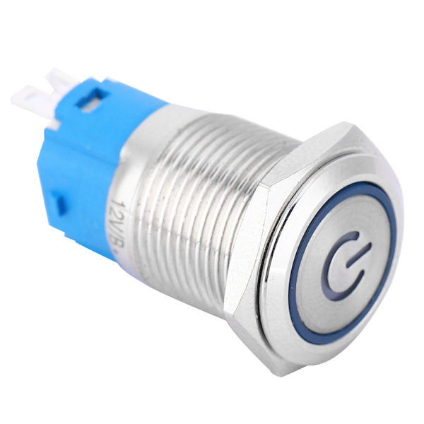 Blå LED platt runt huvud självåterställande metalltryckknappsring med power 16mm(12V)
