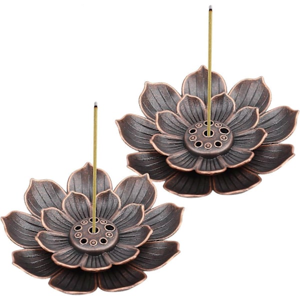 2 Stykker Lotus Røgelsesholder i Messing, Røgelseskar, 6 Huller med Askeopsamler, Pind Røgelsesbrænder