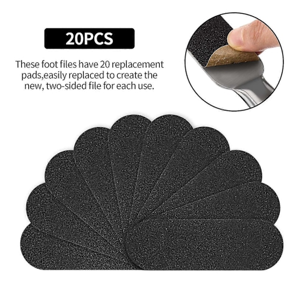 2 Stk. Pedicure Fodfil Callusfjerner Fodskrubber Rustfrit Stål Fodrasp med 20 Udskiftelige Grove/Fine Dobbeltsidede Genanvendelige Pads til Fødder