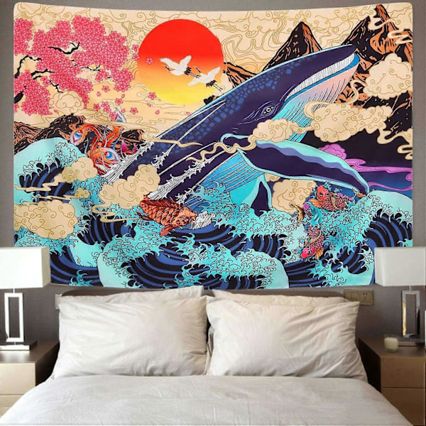 Japansk Ukiyo-E Gobelin Havbølge Koi Gobelin Trippy Hval Japansk Gobelin