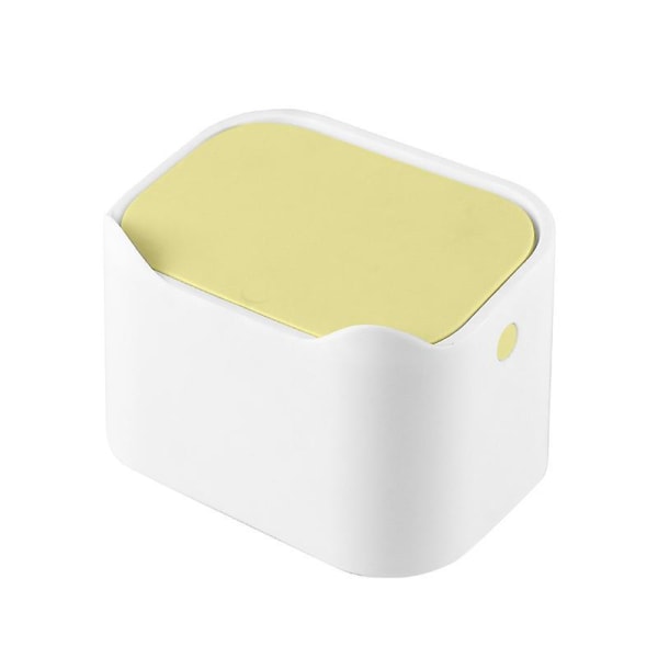 Mini skraldespand til badeværelset med låg - gul og hvid, perfekt til bord, skrivebord eller køkkenbord