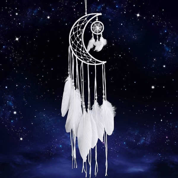 Handgjord White Moon Dreamcatcher med fjädrar - Boho heminredning och festivalpresent