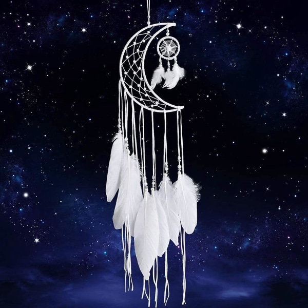 Håndlaget White Moon Dreamcatcher med fjær - Boho Home Decor and Festival Gift