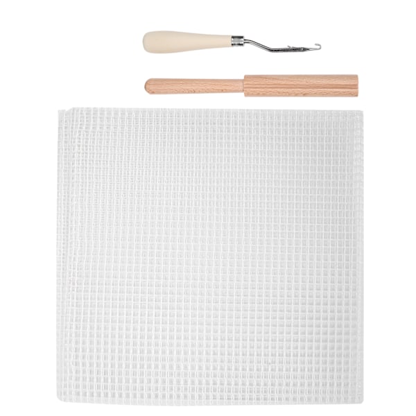 Mesh stof DIY håndlavet tæppe vævet gitterstof materiale 50x50cm træhåndtag hækling