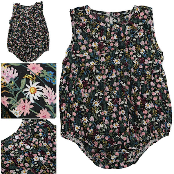 Nyfödd baby blommig jumpsuit sommar ärmlös kavajslips body för spädbarn babykläder svart 73cm