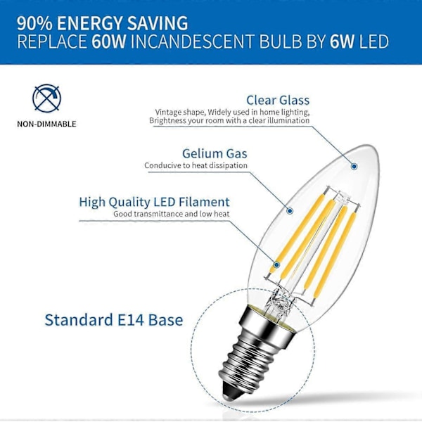 4W E14 LED Filament Pære, 806 Lumen svarende til 60W Vintage Halogenpære, Varm Hvid 2700K, Ikke-dæmpbar, Pakke med 6