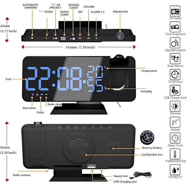 Projektor Väckarklocka med Radio, Digital Klocka, Väckarklocka med USB-Port, 3 Justerbara Ljusstyrkenivåer, Snooze och Volymnivåer, 12/24h, för Säng