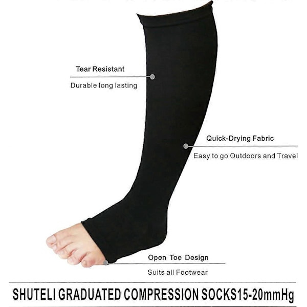 Kompresjonsstrømper uten tå, 3 par, 15-20 mmHg støtte, graviditet, løping, sport, flyreiser (Svart, Small-Medium)